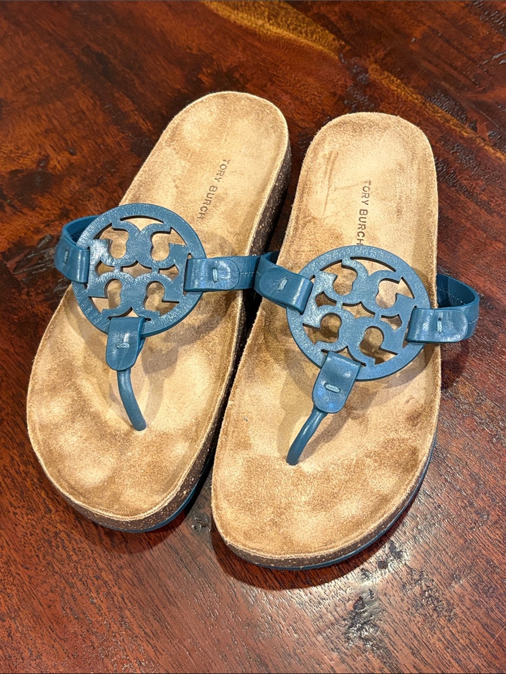 Tory Burch Miller Cloud Sandals Teal Brisk Blue Leather / Cork size 7.5